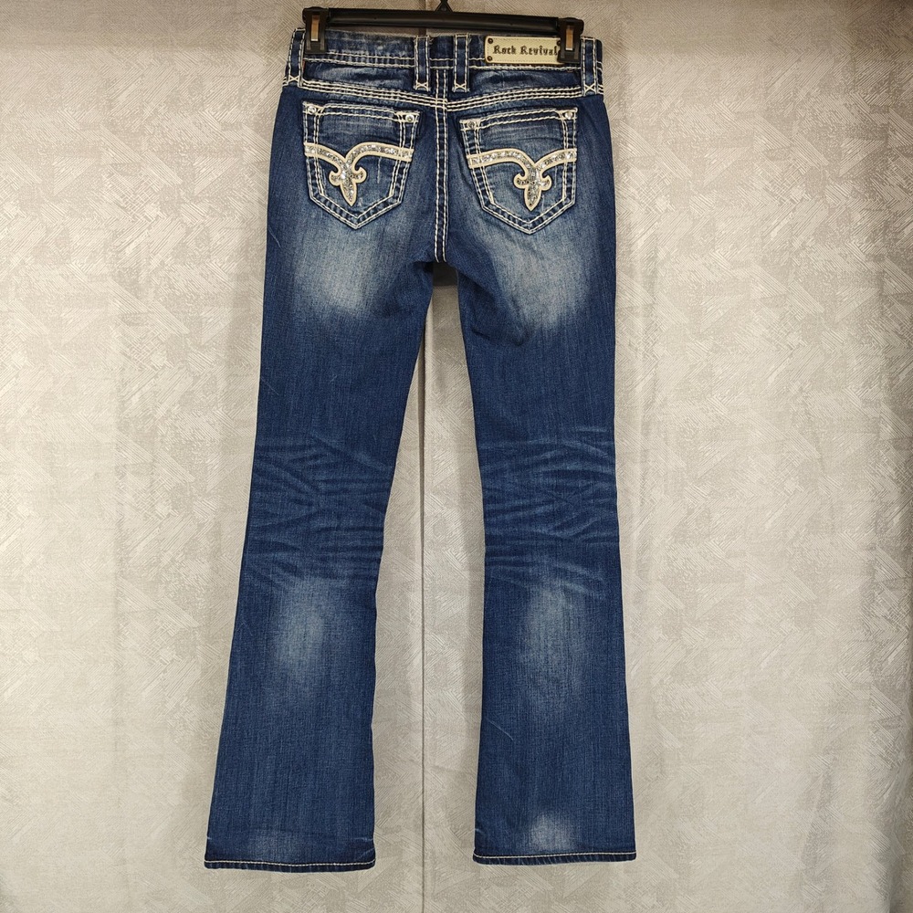 Rock Revival Vika Bootcut Jeans Womens 28x32 Blue Distressed Embellished Denim